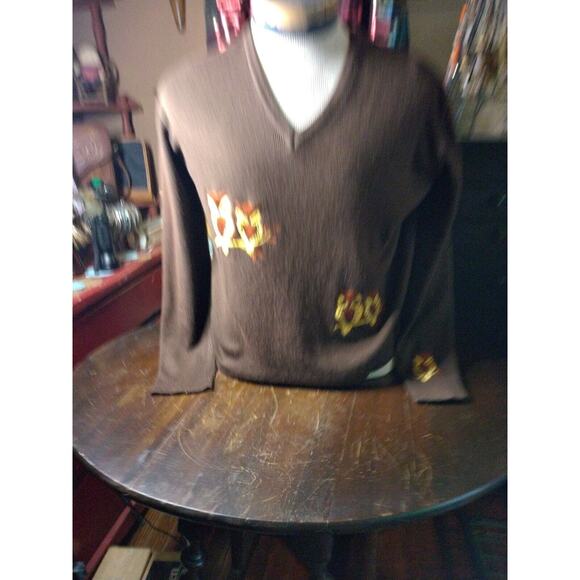 LeRoy Knitwear 100% Acrylic Taiwan brown V-neck long sleeved sweater L - Picture 1 of 5